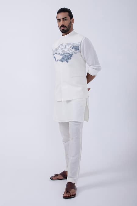 Kaka Calcutta Ivory Cotton Embroidery Thread Bundi Jacket Online at Aza Fashions Kaka Calcutta_Ivory Cotton Embroidery Thread Bundi Jacket _Online_at_Aza_Fashions