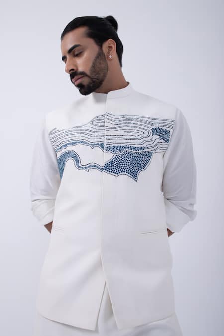 Buy Kaka Calcutta Ivory Cotton Embroidery Thread Bundi Jacket Online at Aza Fashions Buy_Kaka Calcutta_Ivory Cotton Embroidery Thread Bundi Jacket _Online_at_Aza_Fashions