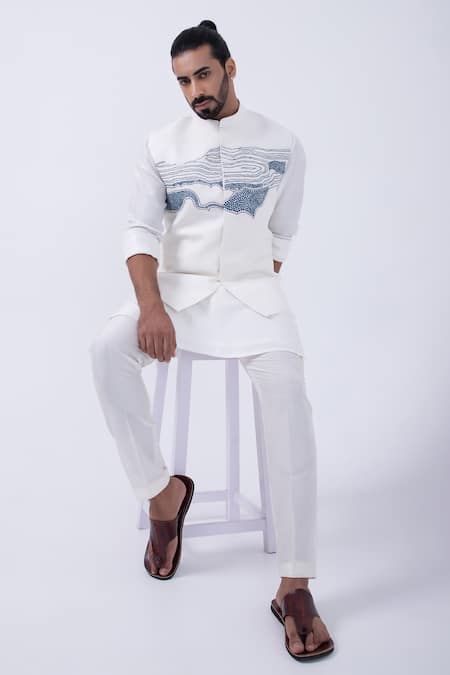 Shop Kaka Calcutta Ivory Cotton Embroidery Thread Bundi Jacket Online at Aza Fashions Shop_Kaka Calcutta_Ivory Cotton Embroidery Thread Bundi Jacket _Online_at_Aza_Fashions