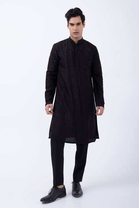Shop Kaka Calcutta Black Bamboo, Cotton, Silk Plain Full Sleeve Kurta And Pyjama Set Online at Aza Fashions Shop_Kaka Calcutta_Black Bamboo, Cotton, Silk Plain Full Sleeve Kurta And Pyjama Set _Online_at_Aza_Fashions