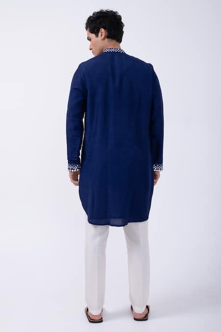 Shop Kaka Calcutta Blue Bamboo, Cotton, Silk Mirrors Collar Embroidered Kurta And Pyjama Set at Aza Fashions Shop_Kaka Calcutta_Blue Bamboo, Cotton, Silk Mirrors Collar Embroidered Kurta And Pyjama Set _at_Aza_Fashions