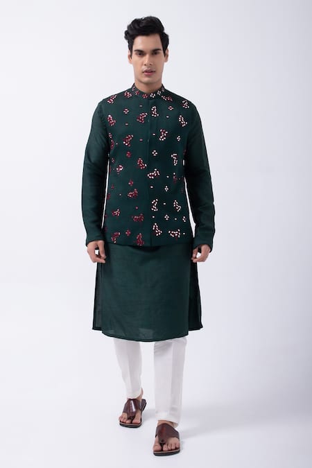 Kaka Calcutta_Green Linen, Satin Mirrors, Embroidery Bottle Bundi Jacket _at_Aza_Fashions