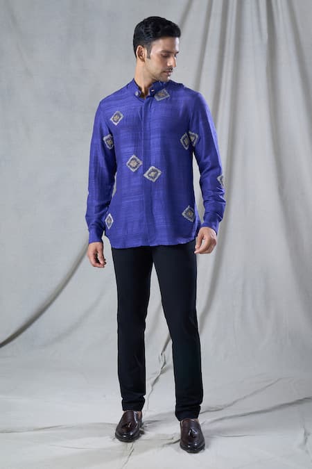 Shop Bhusattva Purple Organic Silk Hand Embroidery Sequin Geometric Motif Shirt Online at Aza Fashions Shop_Bhusattva_Purple Organic Silk Hand Embroidery Sequin Geometric Motif Shirt _Online_at_Aza_Fashions