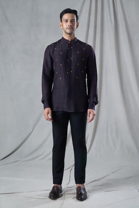 Bhusattva_Black Organic Silk Hand Embroidery Bandhani Zardozi Shirt _Online_at_Aza_Fashions