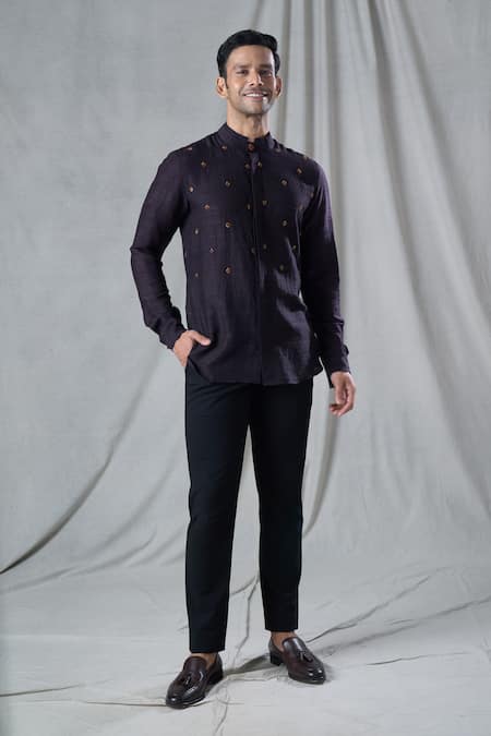 Buy_Bhusattva_Black Organic Silk Hand Embroidery Bandhani Zardozi Shirt _Online_at_Aza_Fashions