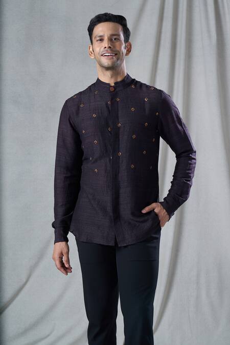 Shop_Bhusattva_Black Organic Silk Hand Embroidery Bandhani Zardozi Shirt _Online_at_Aza_Fashions