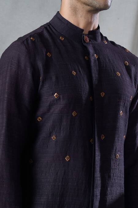 Bhusattva_Black Organic Silk Hand Embroidery Bandhani Zardozi Shirt _at_Aza_Fashions
