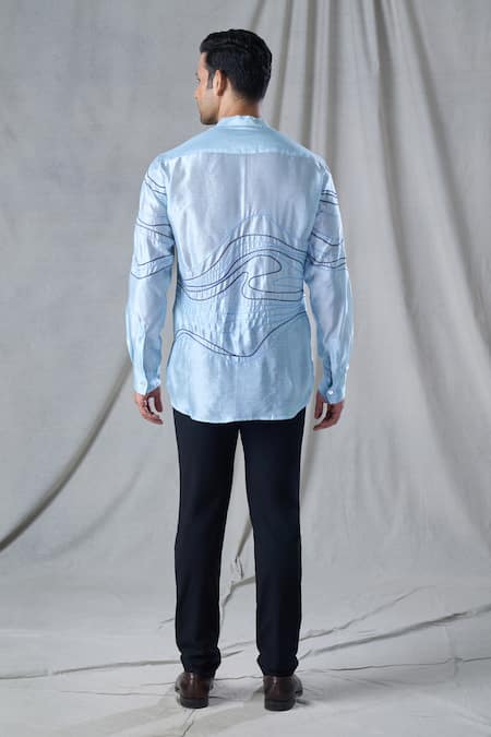 Shop_Bhusattva_Blue Organic Silk Hand Embroidery Thread Shirt _at_Aza_Fashions