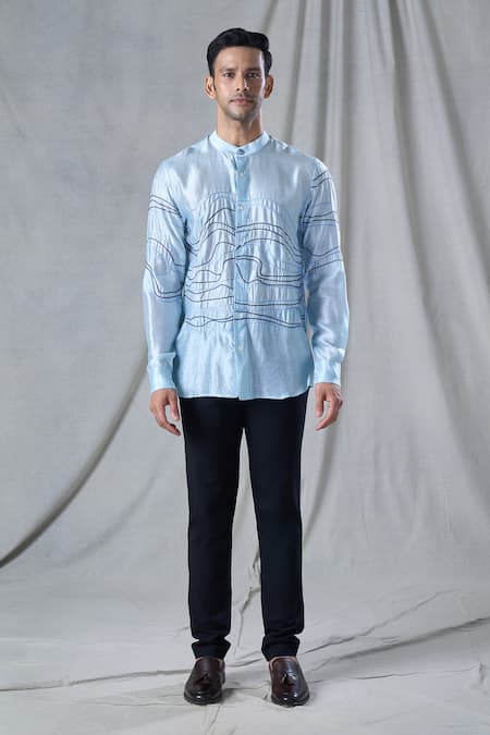 Bhusattva_Blue Organic Silk Hand Embroidery Thread Shirt _Online_at_Aza_Fashions