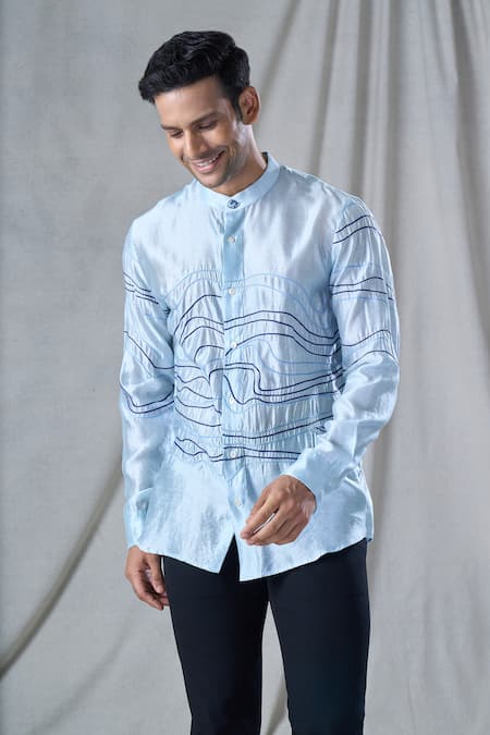 Buy_Bhusattva_Blue Organic Silk Hand Embroidery Thread Shirt _Online_at_Aza_Fashions