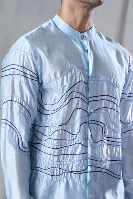 Shop_Bhusattva_Blue Organic Silk Hand Embroidery Thread Shirt _Online_at_Aza_Fashions