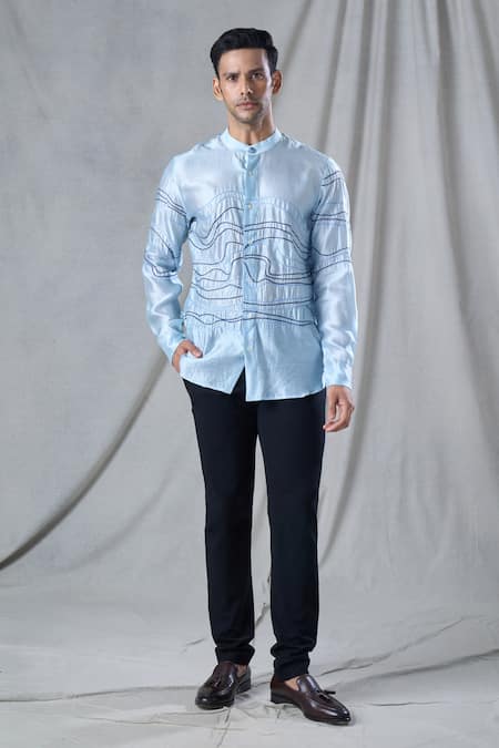 Bhusattva_Blue Organic Silk Hand Embroidery Thread Shirt _at_Aza_Fashions