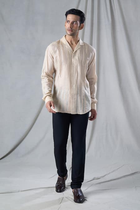 Buy_Bhusattva_Beige Organic Silk Pin-tuck Detailed Shirt _Online_at_Aza_Fashions