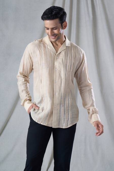 Shop_Bhusattva_Beige Organic Silk Pin-tuck Detailed Shirt _Online_at_Aza_Fashions