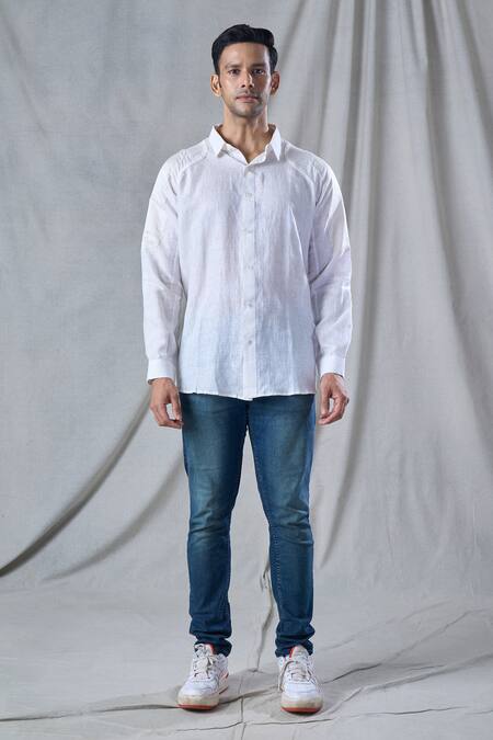 Bhusattva_White Organic Linen Patch Work Shoulder Shirt _Online_at_Aza_Fashions