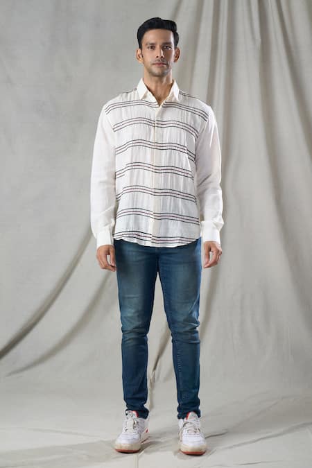 Bhusattva Off White Organic Silk Hand Embroidery Thread Stripe Shirt Online at Aza Fashions Bhusattva_Off White Organic Silk Hand Embroidery Thread Stripe Shirt _Online_at_Aza_Fashions