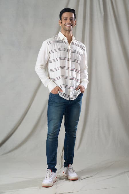 Buy Bhusattva Off White Organic Silk Hand Embroidery Thread Stripe Shirt Online at Aza Fashions Buy_Bhusattva_Off White Organic Silk Hand Embroidery Thread Stripe Shirt _Online_at_Aza_Fashions