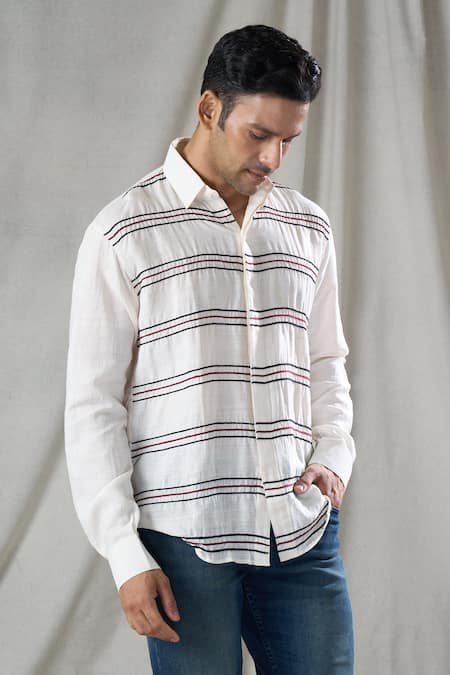 Shop Bhusattva Off White Organic Silk Hand Embroidery Thread Stripe Shirt Online at Aza Fashions Shop_Bhusattva_Off White Organic Silk Hand Embroidery Thread Stripe Shirt _Online_at_Aza_Fashions
