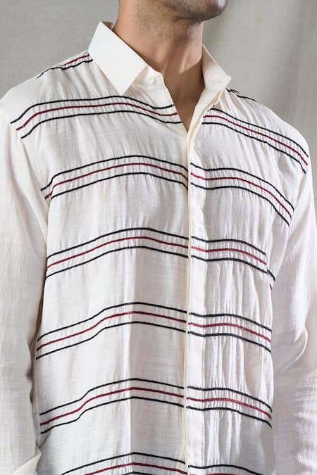 Bhusattva Off White Organic Silk Hand Embroidery Thread Stripe Shirt at Aza Fashions Bhusattva_Off White Organic Silk Hand Embroidery Thread Stripe Shirt _at_Aza_Fashions