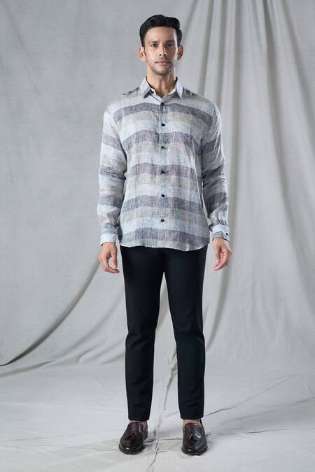 Bhusattva_Grey Organic Textured Linen Stripe Pattern Shirt _Online_at_Aza_Fashions