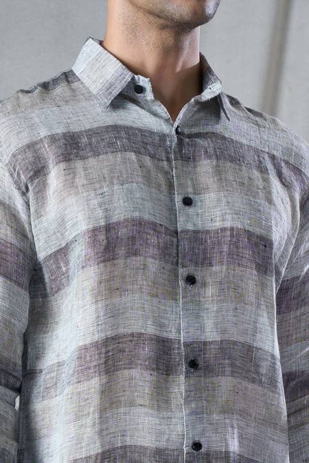 Bhusattva_Grey Organic Textured Linen Stripe Pattern Shirt _at_Aza_Fashions