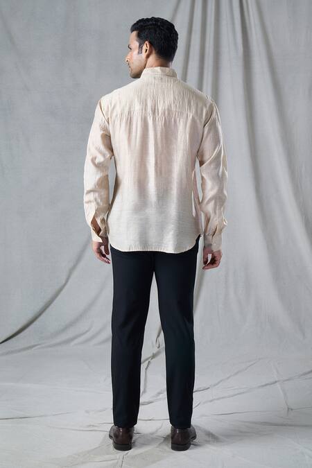 Shop_Bhusattva_Beige Organic Silk Stripe Patch Shirt _at_Aza_Fashions