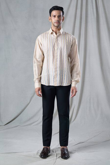 Bhusattva_Beige Organic Silk Stripe Patch Shirt _Online_at_Aza_Fashions