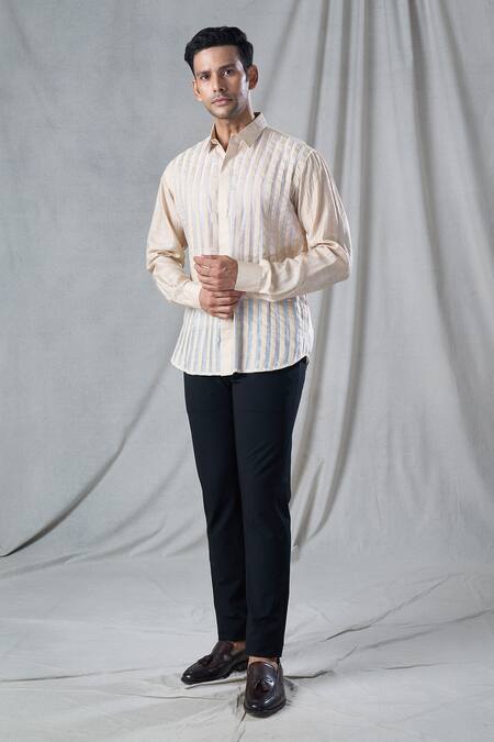 Buy_Bhusattva_Beige Organic Silk Stripe Patch Shirt _Online_at_Aza_Fashions