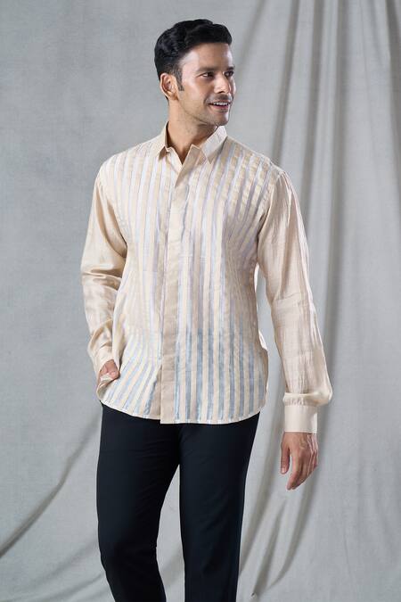 Shop_Bhusattva_Beige Organic Silk Stripe Patch Shirt _Online_at_Aza_Fashions
