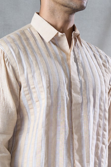Bhusattva_Beige Organic Silk Stripe Patch Shirt _at_Aza_Fashions