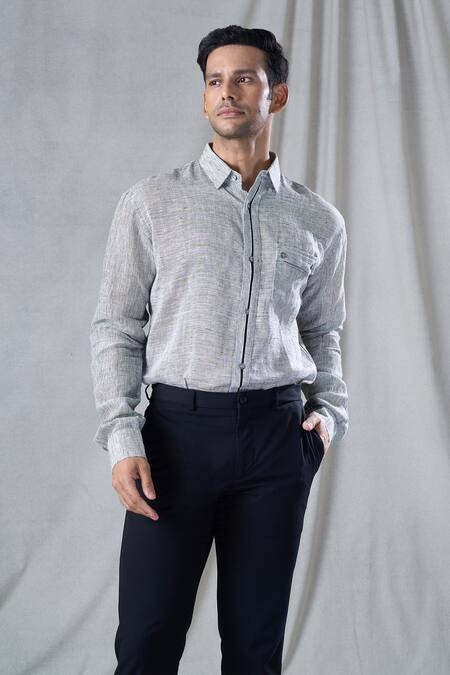 Shop_Bhusattva_Grey Organic Textured Linen Solid Patch Pocket Shirt _Online_at_Aza_Fashions