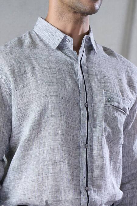 Bhusattva_Grey Organic Textured Linen Solid Patch Pocket Shirt _at_Aza_Fashions