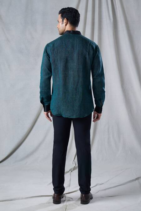 Shop_Bhusattva_Green Organic Linen Piping Detailed Shirt _at_Aza_Fashions