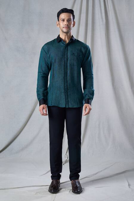Bhusattva_Green Organic Linen Piping Detailed Shirt _Online_at_Aza_Fashions