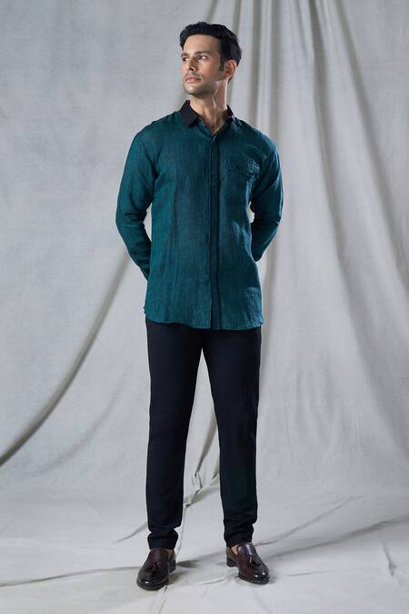 Buy_Bhusattva_Green Organic Linen Piping Detailed Shirt _Online_at_Aza_Fashions