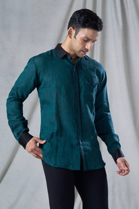 Shop_Bhusattva_Green Organic Linen Piping Detailed Shirt _Online_at_Aza_Fashions