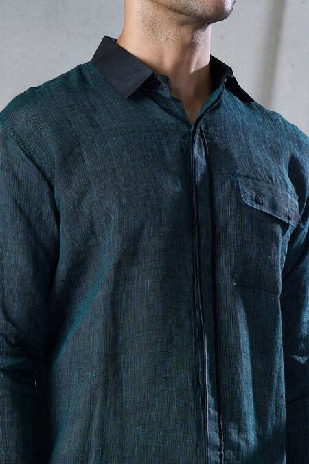 Bhusattva_Green Organic Linen Piping Detailed Shirt _at_Aza_Fashions