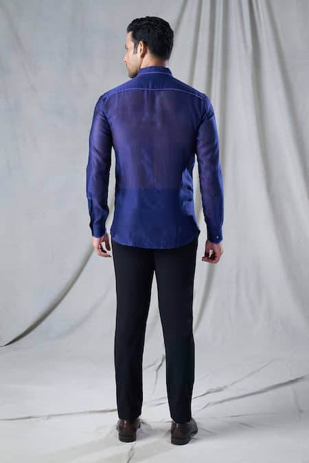 Shop Bhusattva Blue Organic Silk Piping Monotone Detailed Shirt at Aza Fashions Shop_Bhusattva_Blue Organic Silk Piping Monotone Detailed Shirt _at_Aza_Fashions