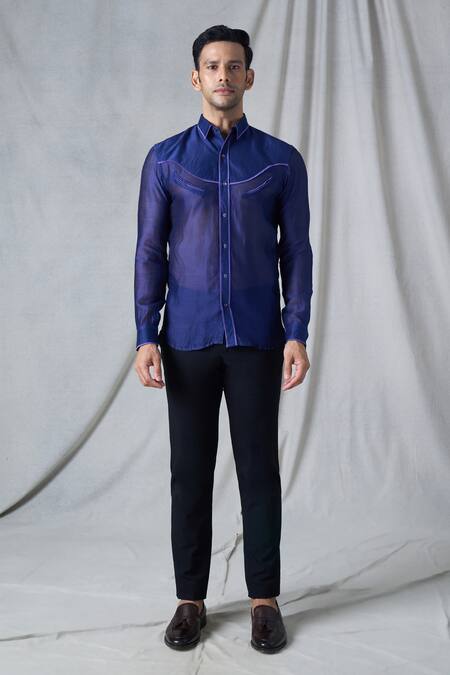Bhusattva Blue Organic Silk Piping Monotone Detailed Shirt Online at Aza Fashions Bhusattva_Blue Organic Silk Piping Monotone Detailed Shirt _Online_at_Aza_Fashions