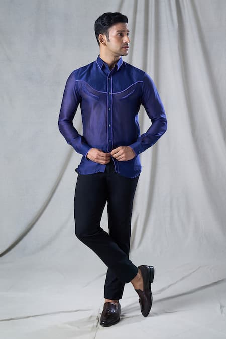 Buy Bhusattva Blue Organic Silk Piping Monotone Detailed Shirt Online at Aza Fashions Buy_Bhusattva_Blue Organic Silk Piping Monotone Detailed Shirt _Online_at_Aza_Fashions