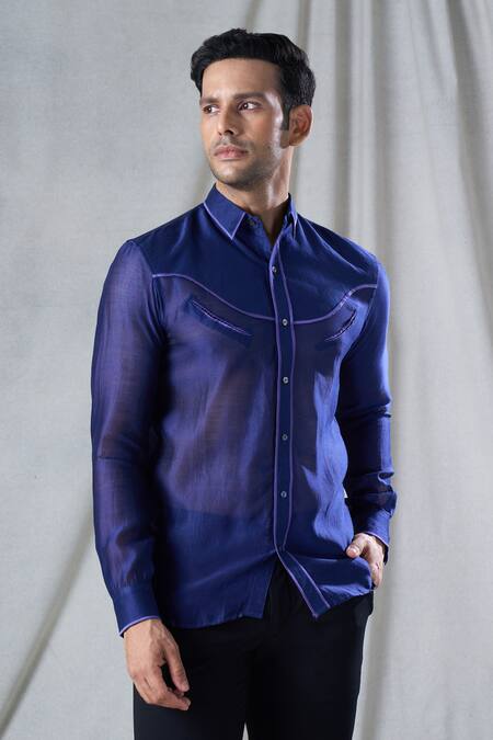 Shop Bhusattva Blue Organic Silk Piping Monotone Detailed Shirt Online at Aza Fashions Shop_Bhusattva_Blue Organic Silk Piping Monotone Detailed Shirt _Online_at_Aza_Fashions