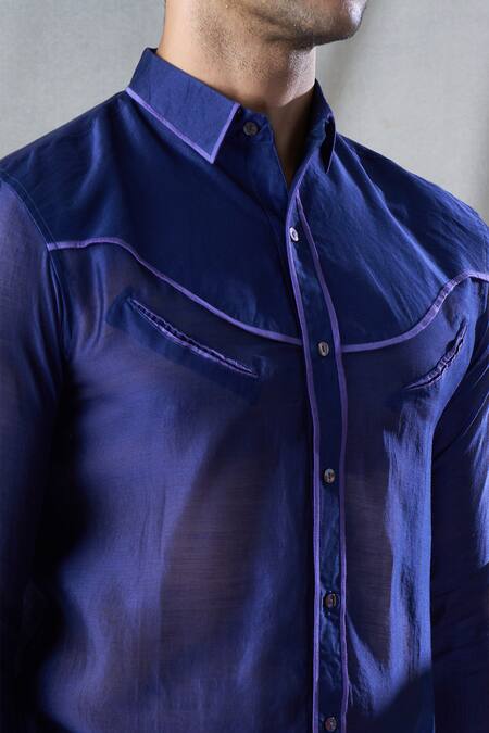 Bhusattva Blue Organic Silk Piping Monotone Detailed Shirt at Aza Fashions Bhusattva_Blue Organic Silk Piping Monotone Detailed Shirt _at_Aza_Fashions