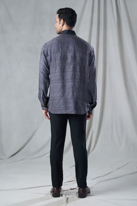 Shop_Bhusattva_Grey Organic Silk Hand Embroidery Solid High Mandarin Collar Shirt _at_Aza_Fashions