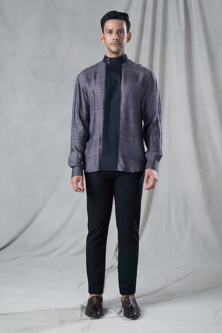 Bhusattva_Grey Organic Silk Hand Embroidery Solid High Mandarin Collar Shirt _Online_at_Aza_Fashions