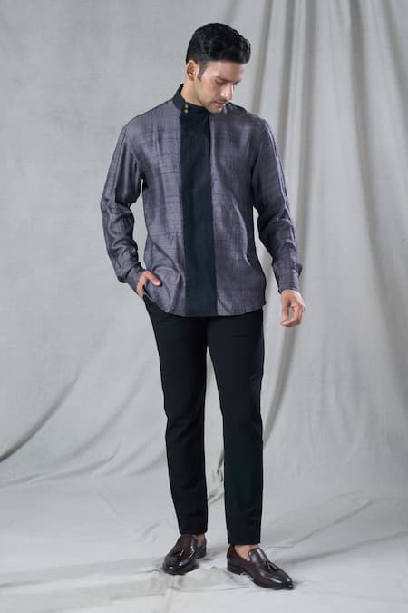 Buy_Bhusattva_Grey Organic Silk Hand Embroidery Solid High Mandarin Collar Shirt _Online_at_Aza_Fashions