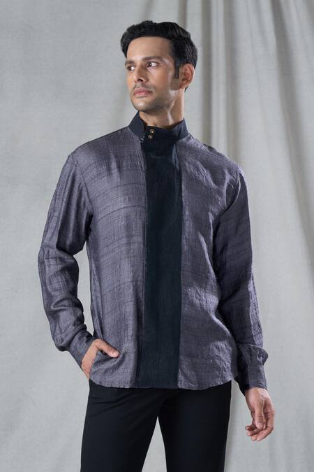 Shop_Bhusattva_Grey Organic Silk Hand Embroidery Solid High Mandarin Collar Shirt _Online_at_Aza_Fashions