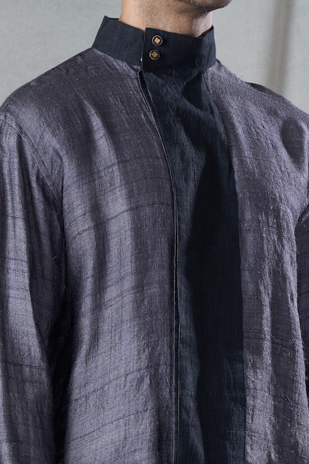 Bhusattva_Grey Organic Silk Hand Embroidery Solid High Mandarin Collar Shirt _at_Aza_Fashions