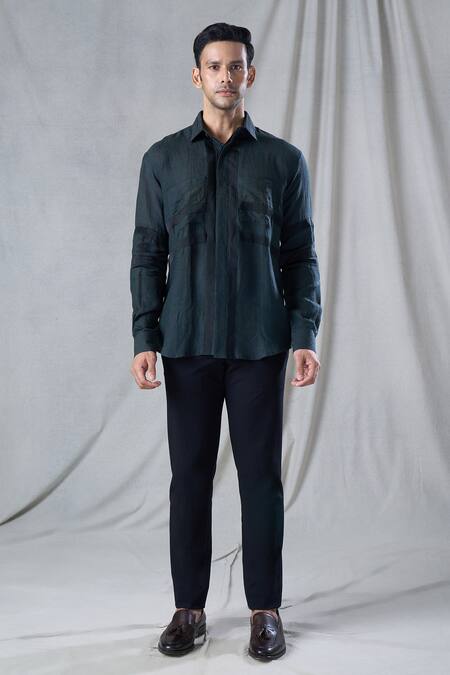 Bhusattva_Grey Organic Peace Silk Patch Detailed Front Shirt _Online_at_Aza_Fashions