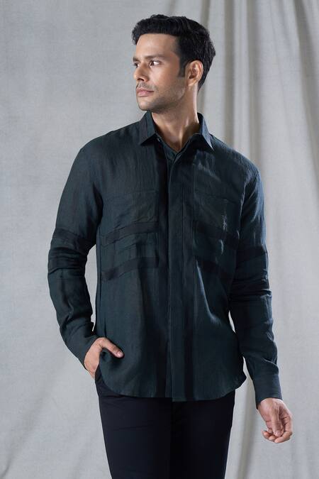 Shop_Bhusattva_Grey Organic Peace Silk Patch Detailed Front Shirt _Online_at_Aza_Fashions