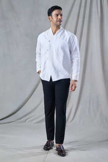Buy White Organic Linen Overlapping Loop Button Jacket For Men by ...